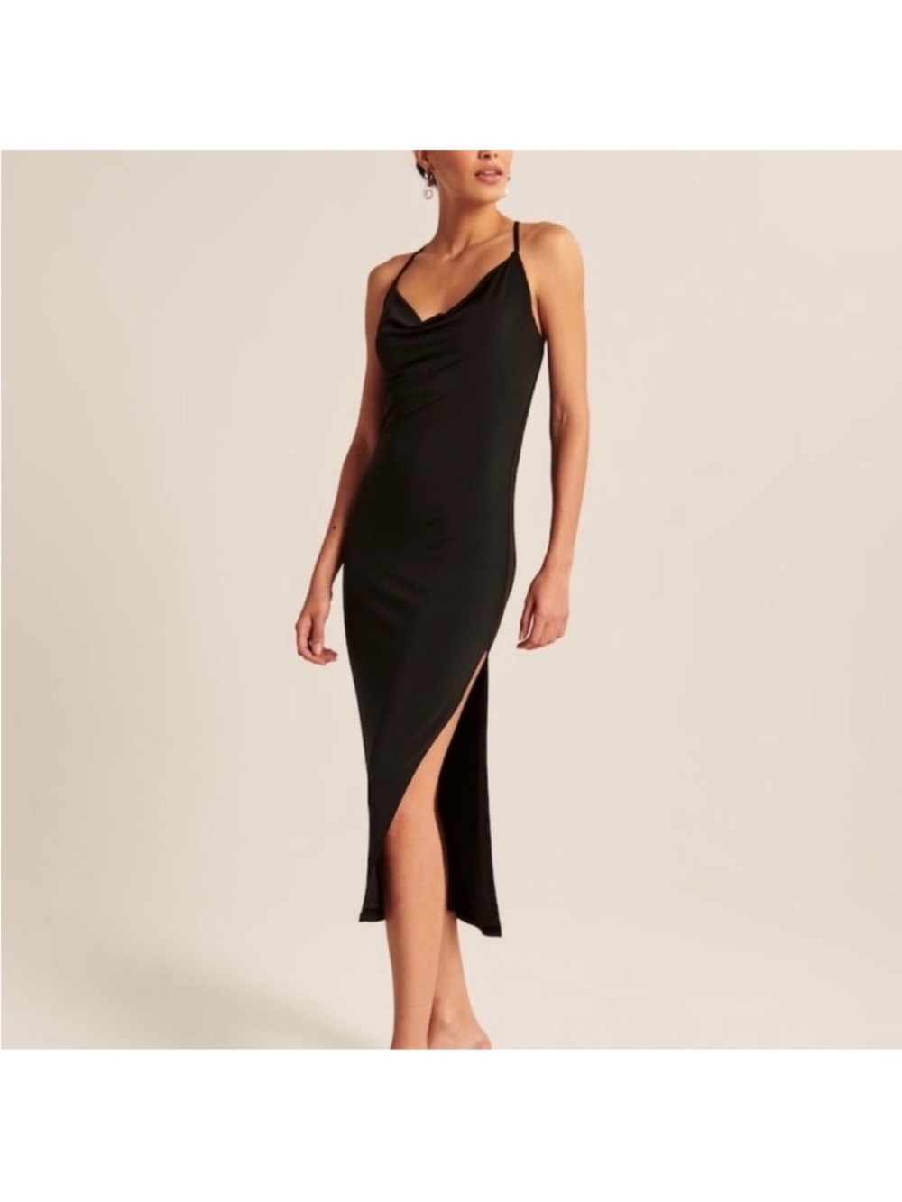 Abercrombie & Fitch Black Slip Midi Dress with Side Slit, Cowl Neck